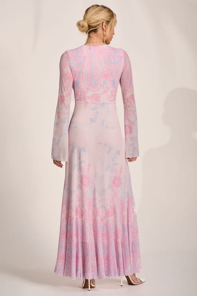 Jolie Moi Jolie Moi Women's Long Sleeve Godet Mesh Maxi Dress in Bright Pink - 2