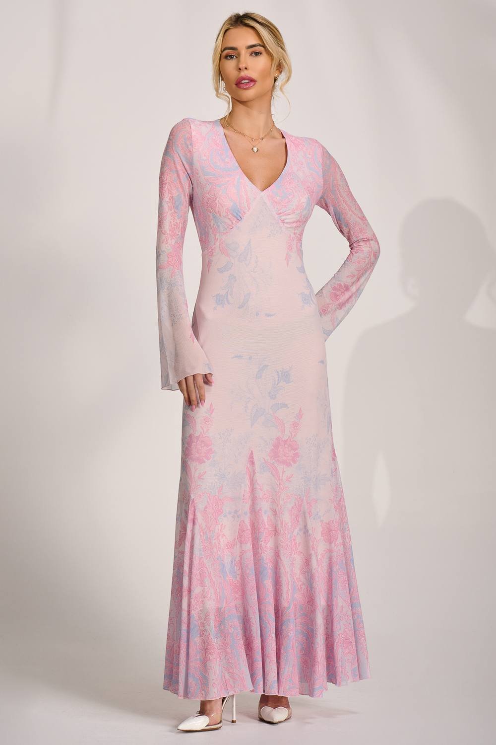 Jolie Moi Jolie Moi Women's Long Sleeve Godet Mesh Maxi Dress in Bright Pink - 4