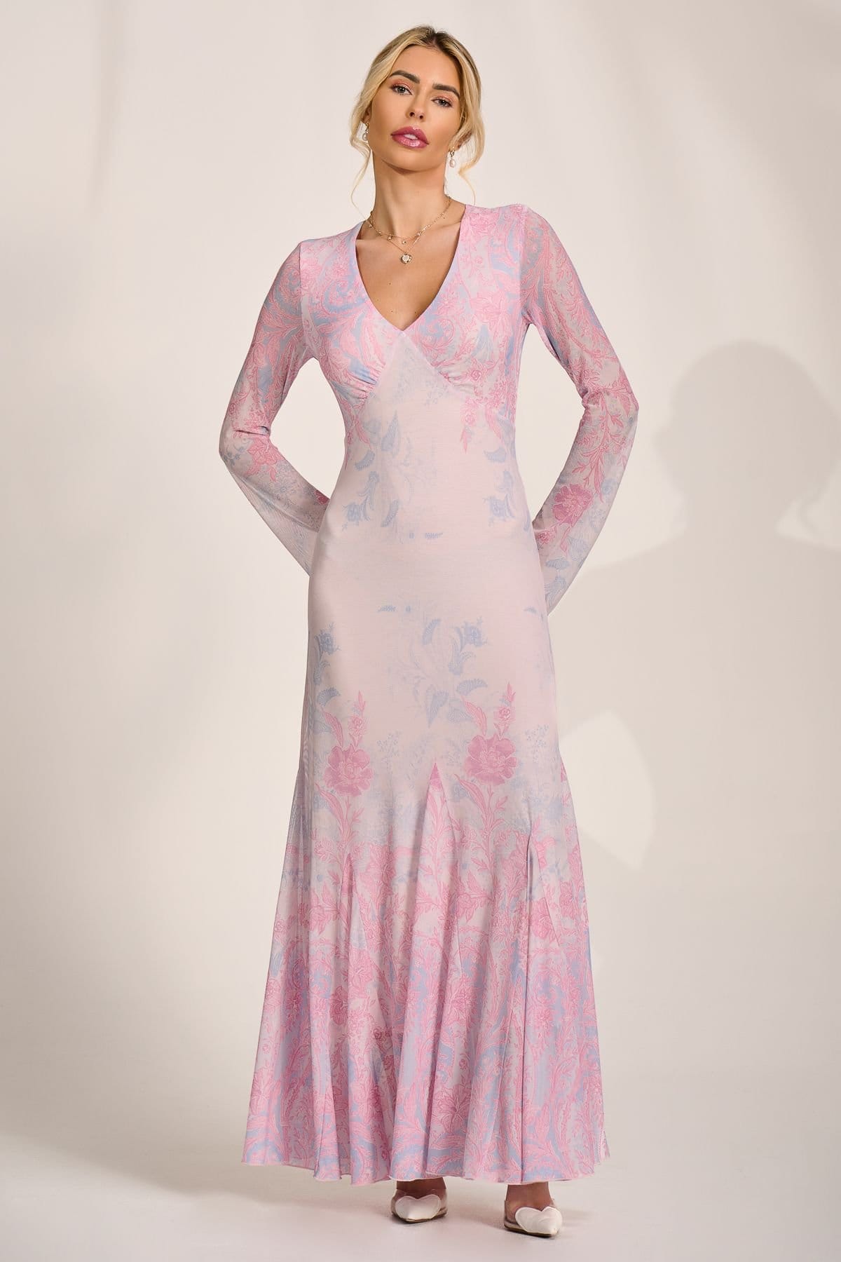 Jolie Moi Jolie Moi Women's Long Sleeve Godet Mesh Maxi Dress in Bright Pink - 4