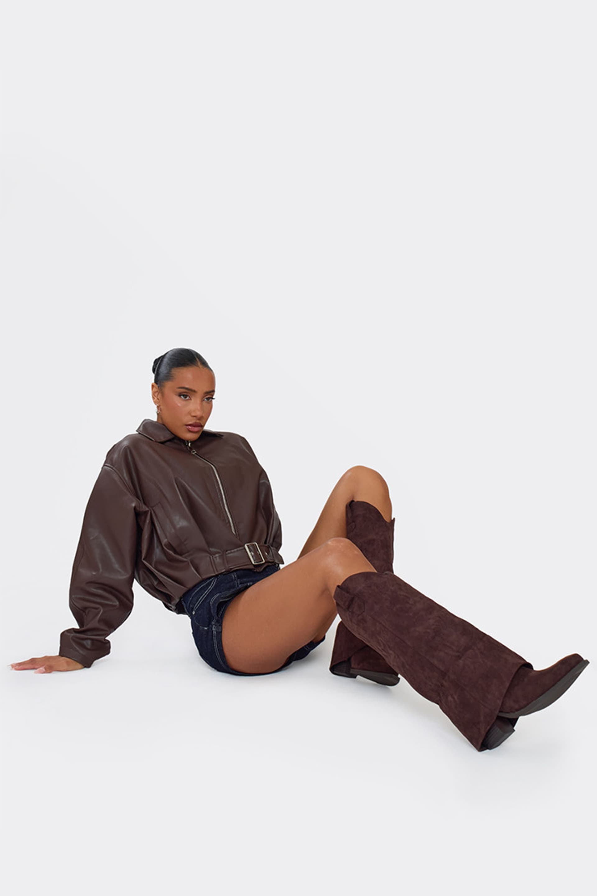 EGO EGO Women's Knee High Embroidered Faux Suede Block Heel Boots in Dark Brown
