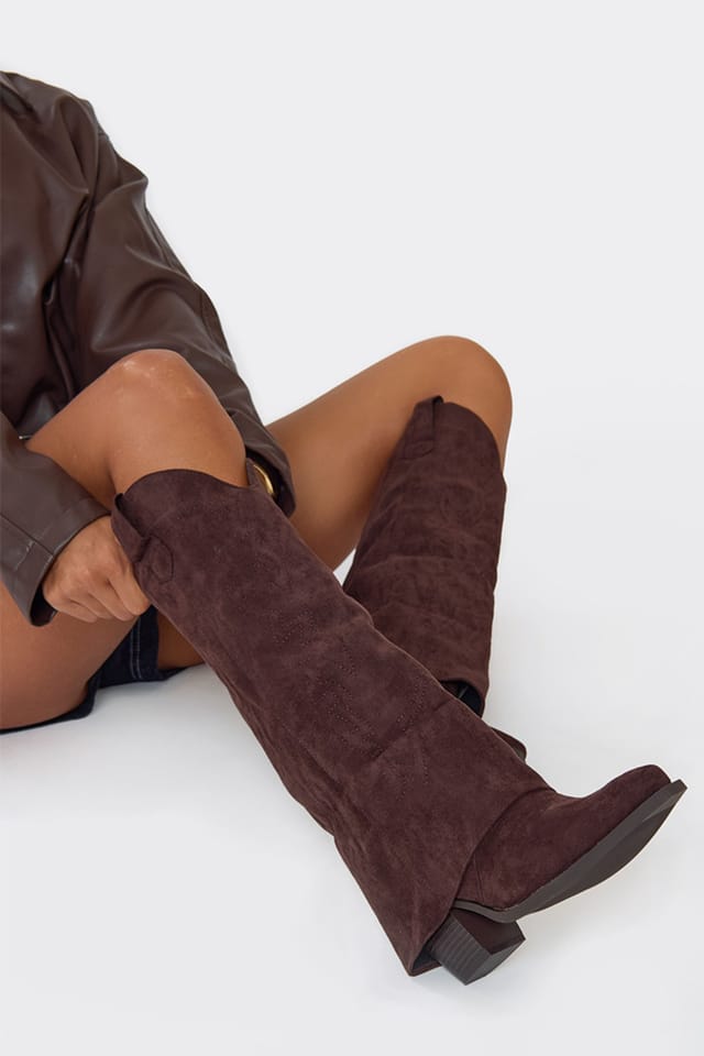 EGO EGO Women's Knee High Embroidered Faux Suede Block Heel Boots in Dark Brown - 2