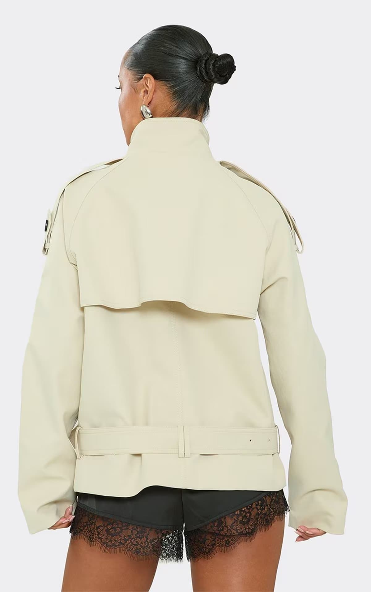 EGO Long Sleeve High Neck Button Front Belted Trench Jacket In Stone, Women's Size UK 6