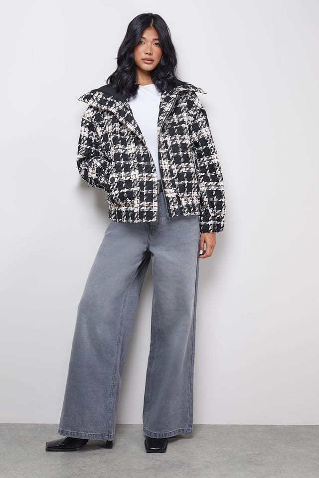 Warehouse Warehouse Women's Oversized Check Chunky Rib Bomber in Mono - 2
