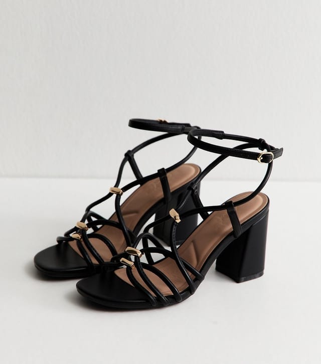 New Look Women's Black Faux Leather Strappy Hardware Block Heel Sandals Vegan New Look - 2