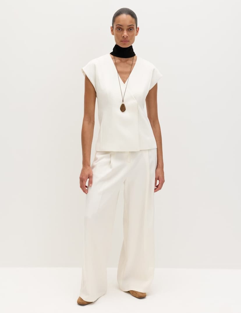 Marks & Spencer M&S Single Pleat Wide Leg Trousers with Linen Ivory - 1