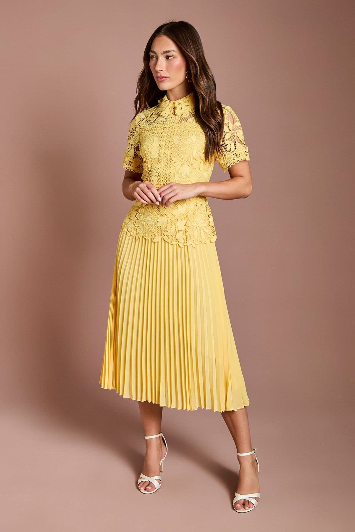 Coast Coast Women's Lace Top Pleated Dress in Lemon