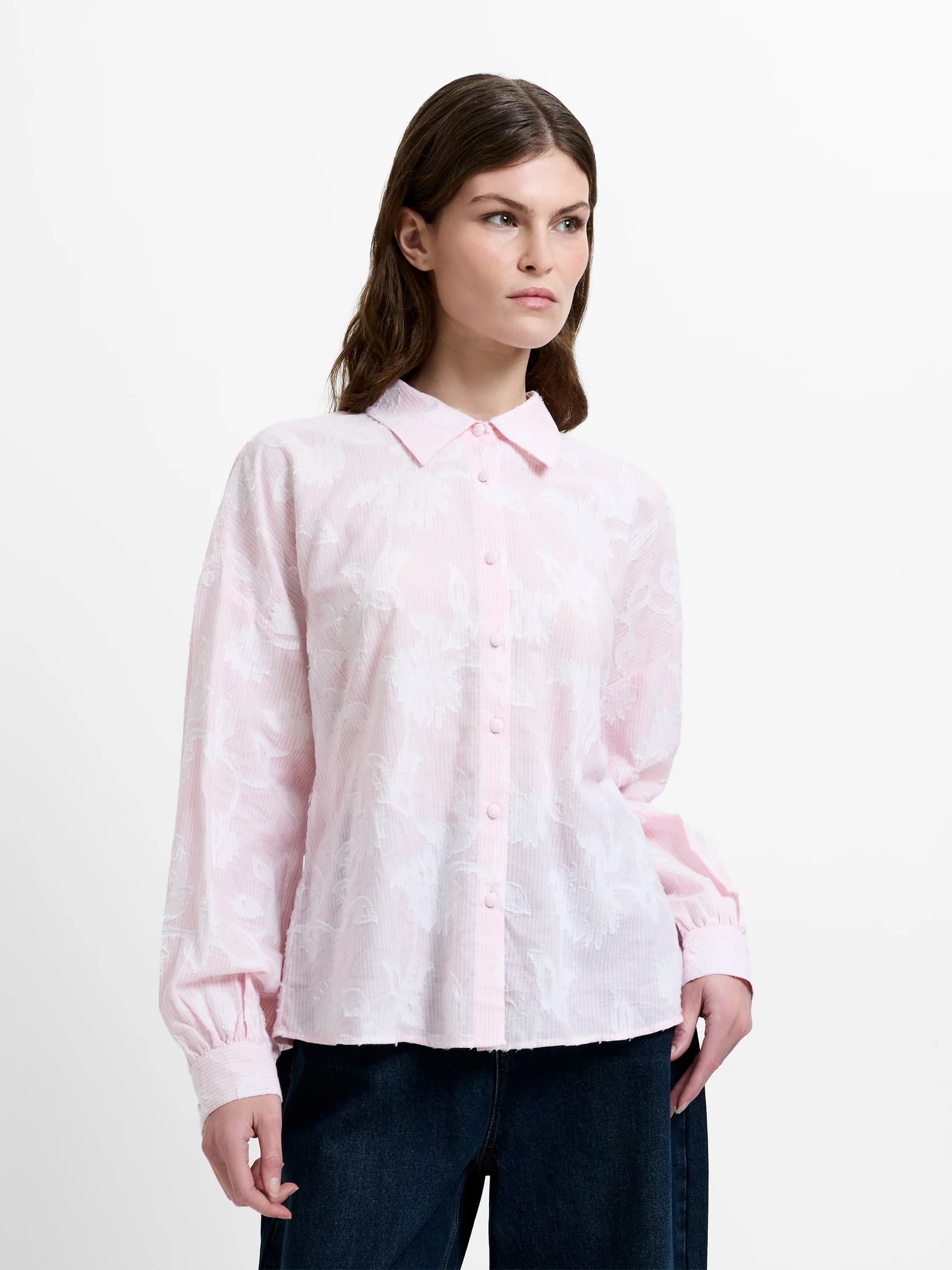 French Connection Naya Floral Jacquard Striped Pink Long Sleeve Shirt Light French Pink