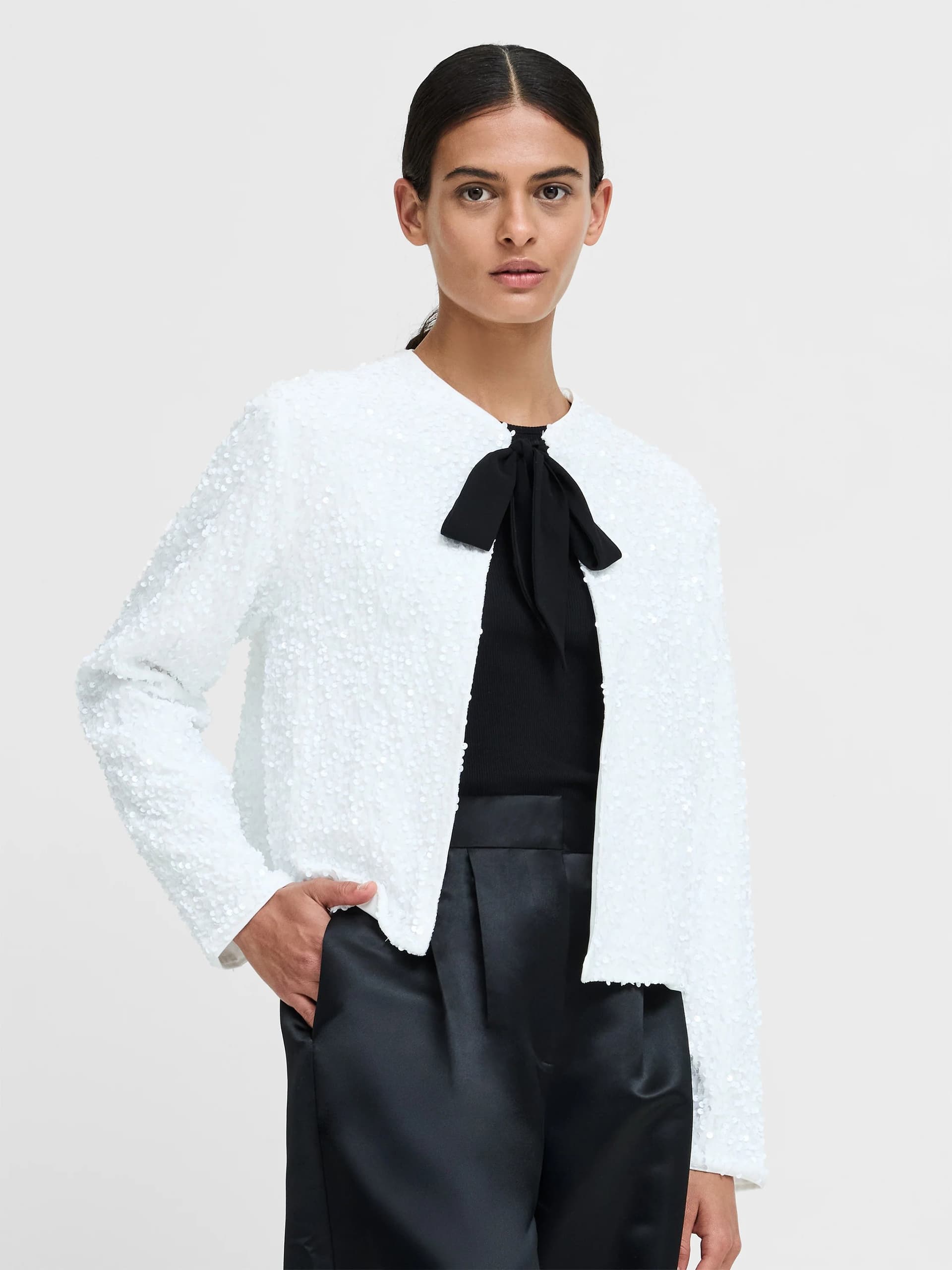 French Connection Monet White Sequin Bow Tie Cardigan Winter White/Black