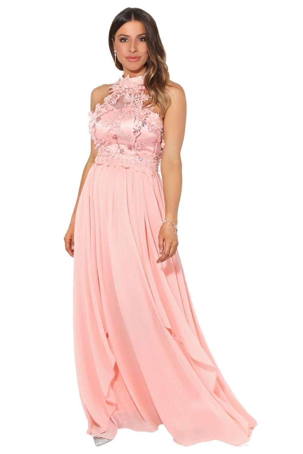 KRISP KRISP Women's Lace Halterneck Maxi Prom Dress in Pink