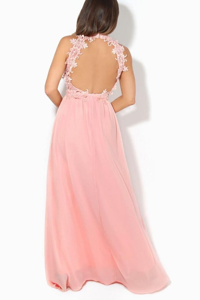 KRISP KRISP Women's Lace Halterneck Maxi Prom Dress in Pink - 3