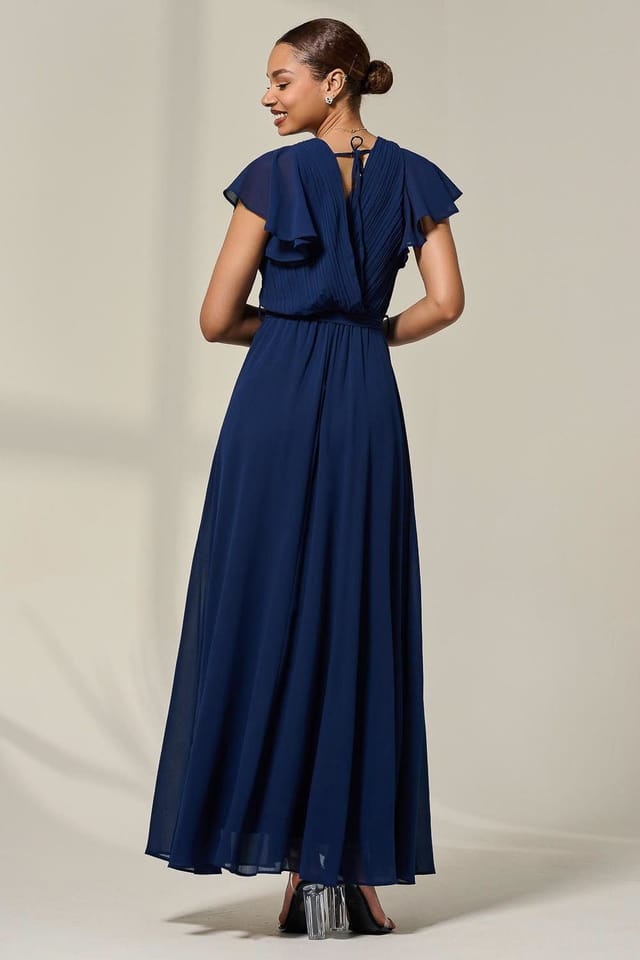 Jolie Moi Jolie Moi Women's Chiffon Flutter Sleeve Maxi Dress in Navy - 2