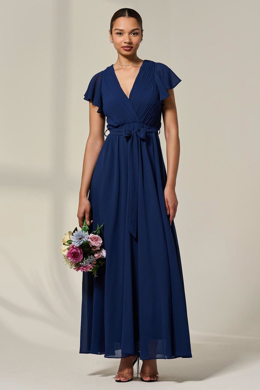 Jolie Moi Jolie Moi Women's Chiffon Flutter Sleeve Maxi Dress in Navy - 4
