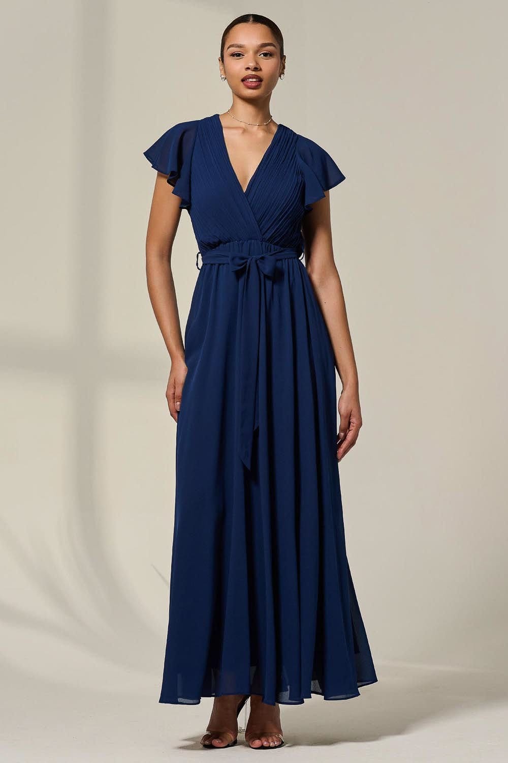 Jolie Moi Jolie Moi Women's Chiffon Flutter Sleeve Maxi Dress in Navy - 4