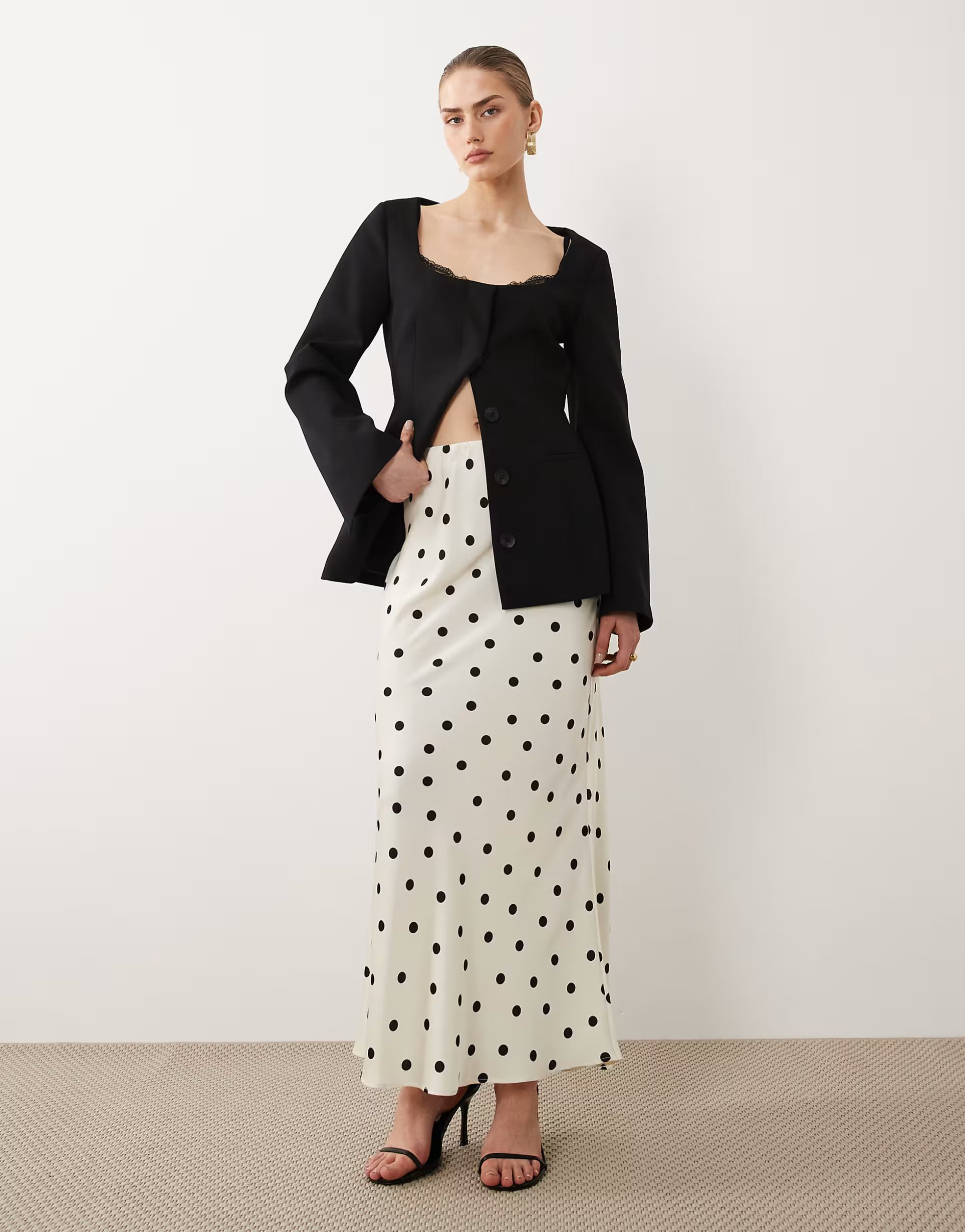 ASOS Vila satin maxi skirt in cream and black polka dot - 1