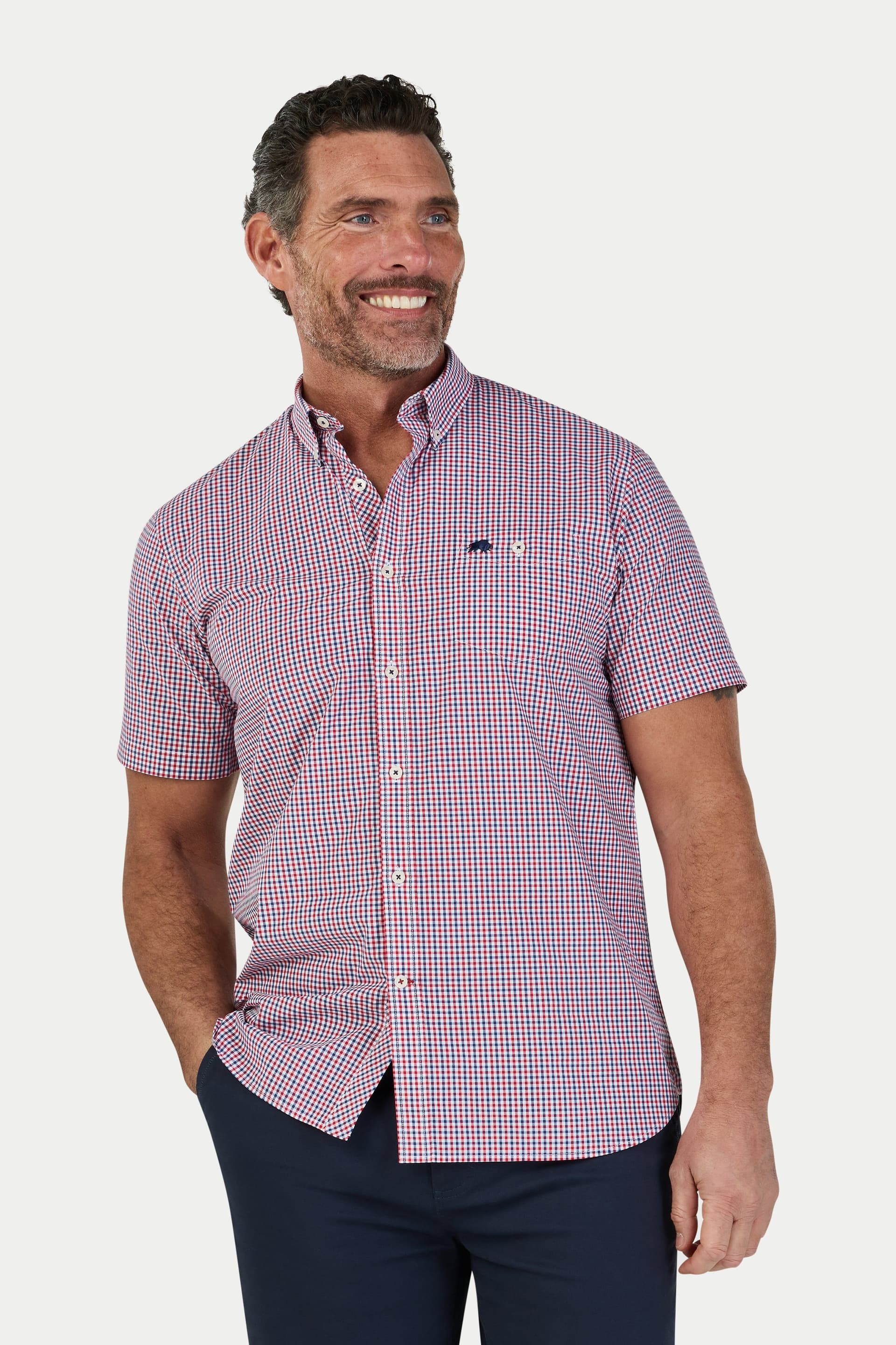 raging bull Raging Bull Men's Short Sleeve Graph Check Poplin Shirt in Red