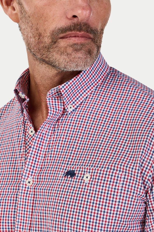 raging bull Raging Bull Men's Short Sleeve Graph Check Poplin Shirt in Red - 3