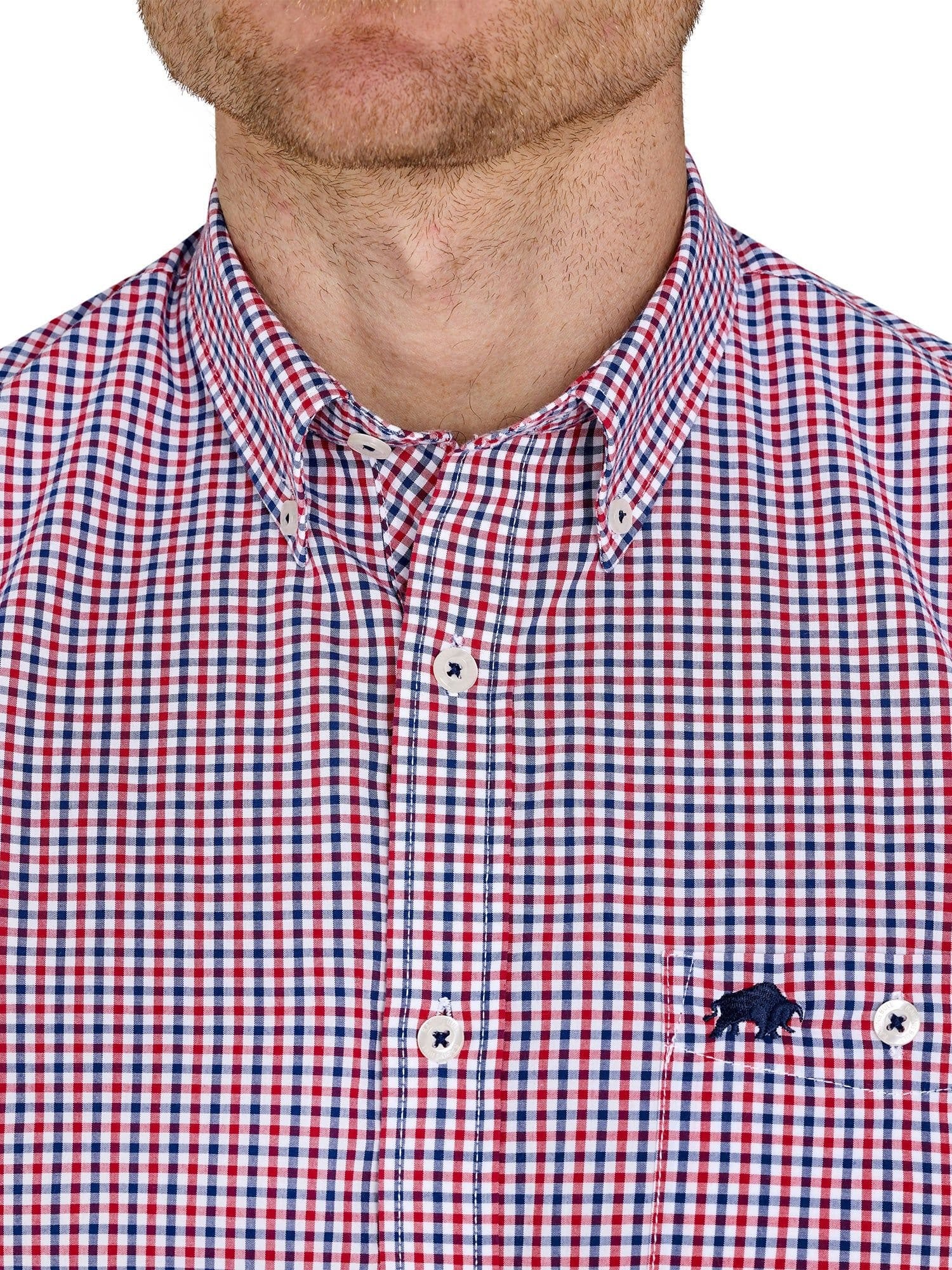 raging bull Raging Bull Men's Short Sleeve Graph Check Poplin Shirt in Red - 4