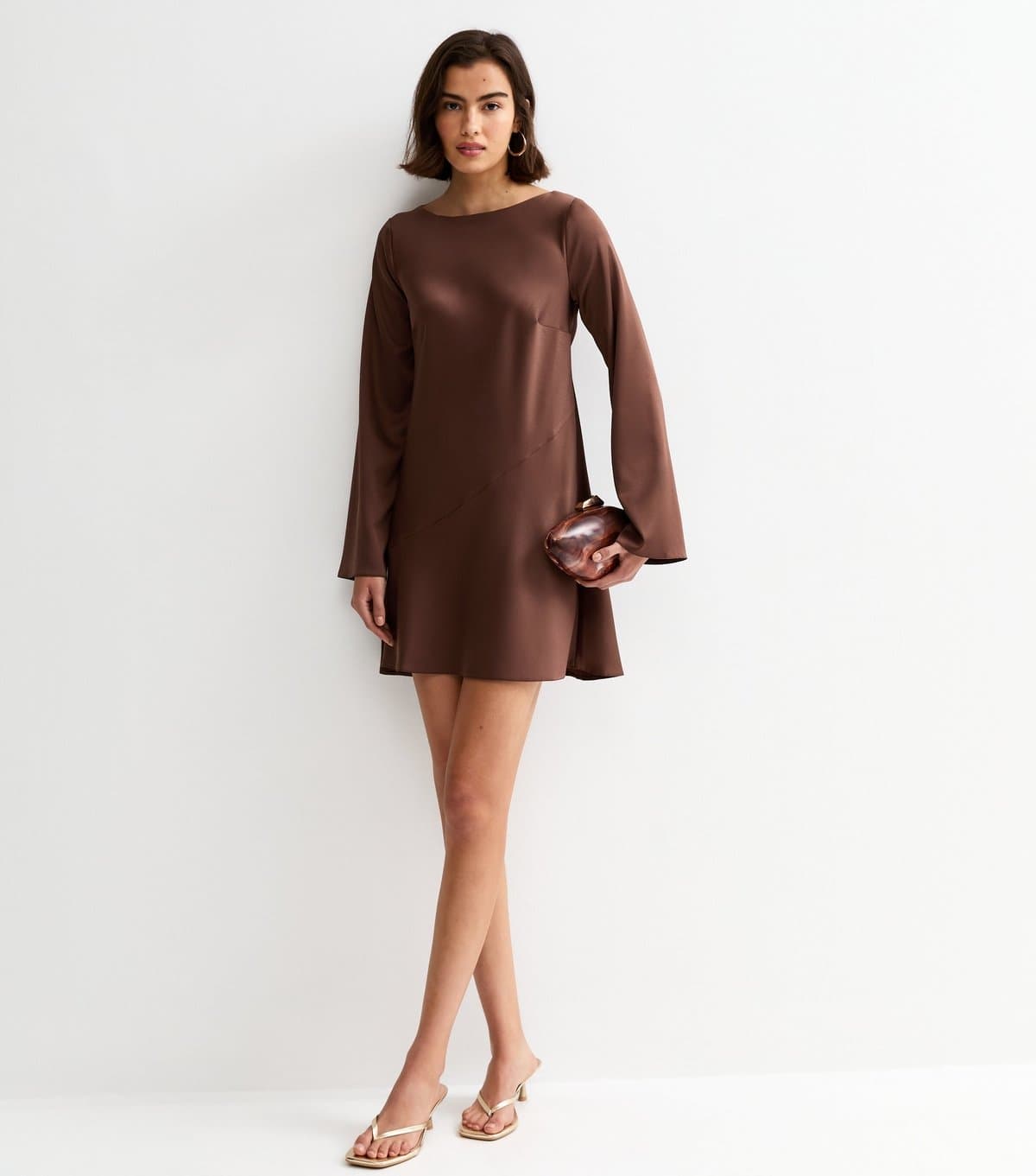 New Look Women's Dark Brown Satin Flared Sleeve Cowl Back Mini Dress New Look