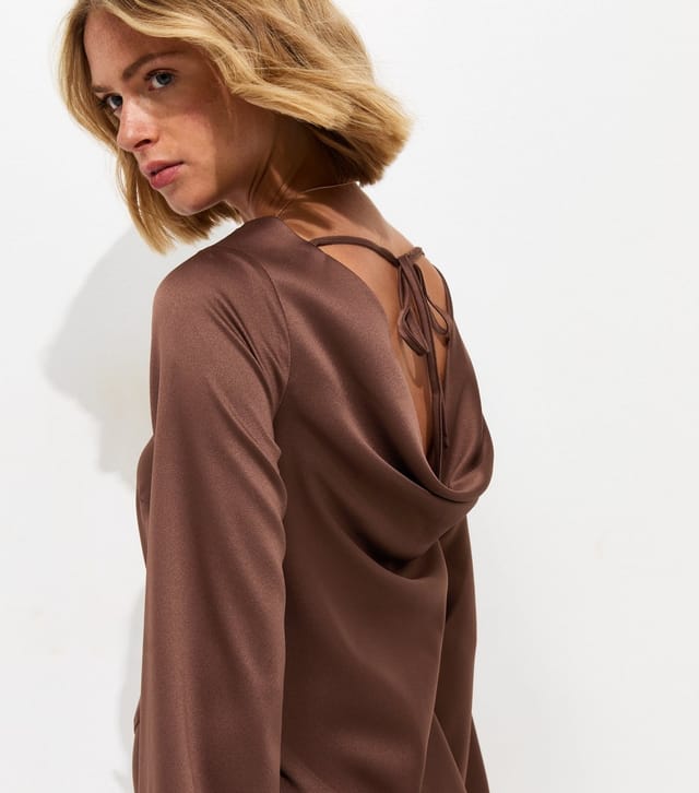 New Look Women's Dark Brown Satin Flared Sleeve Cowl Back Mini Dress New Look - 2