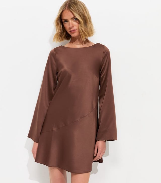 New Look Women's Dark Brown Satin Flared Sleeve Cowl Back Mini Dress New Look - 3
