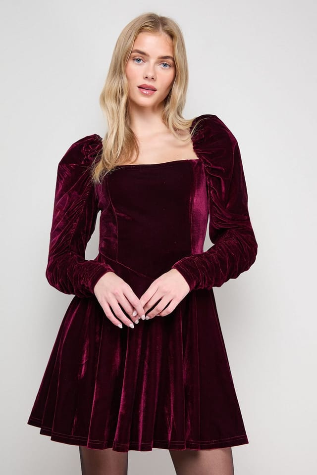 Oasis Oasis Women's Puff Sleeve Mini Skater Dress in Burgundy - 2