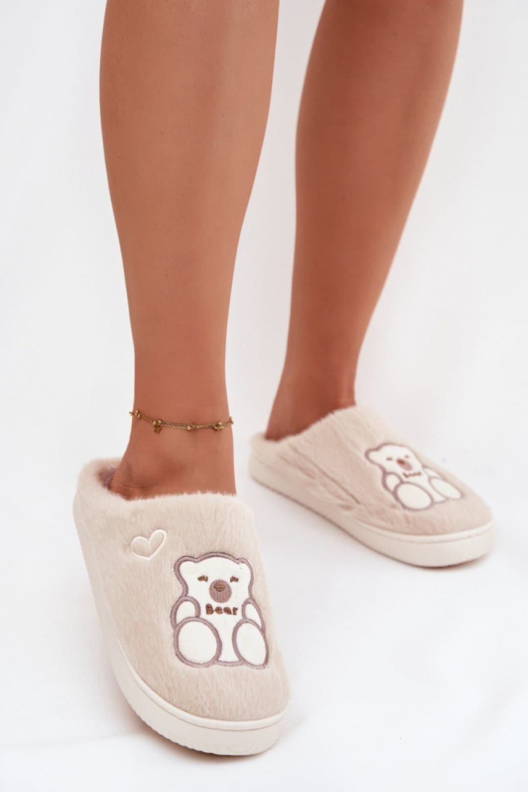 Love Lace Love Lace Women's Furry Teddy Bear Hearts Slippers Soft Plush Warmth Thick Sole in Beige