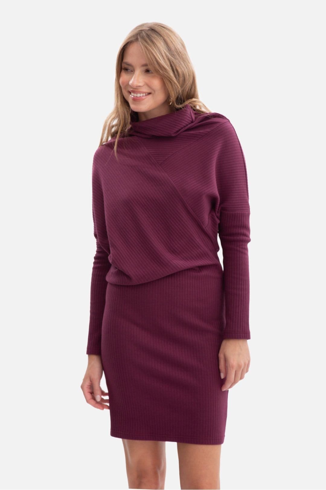 Love Lace Violet Ribbed Stand Collar Batwing Sleeve Dress