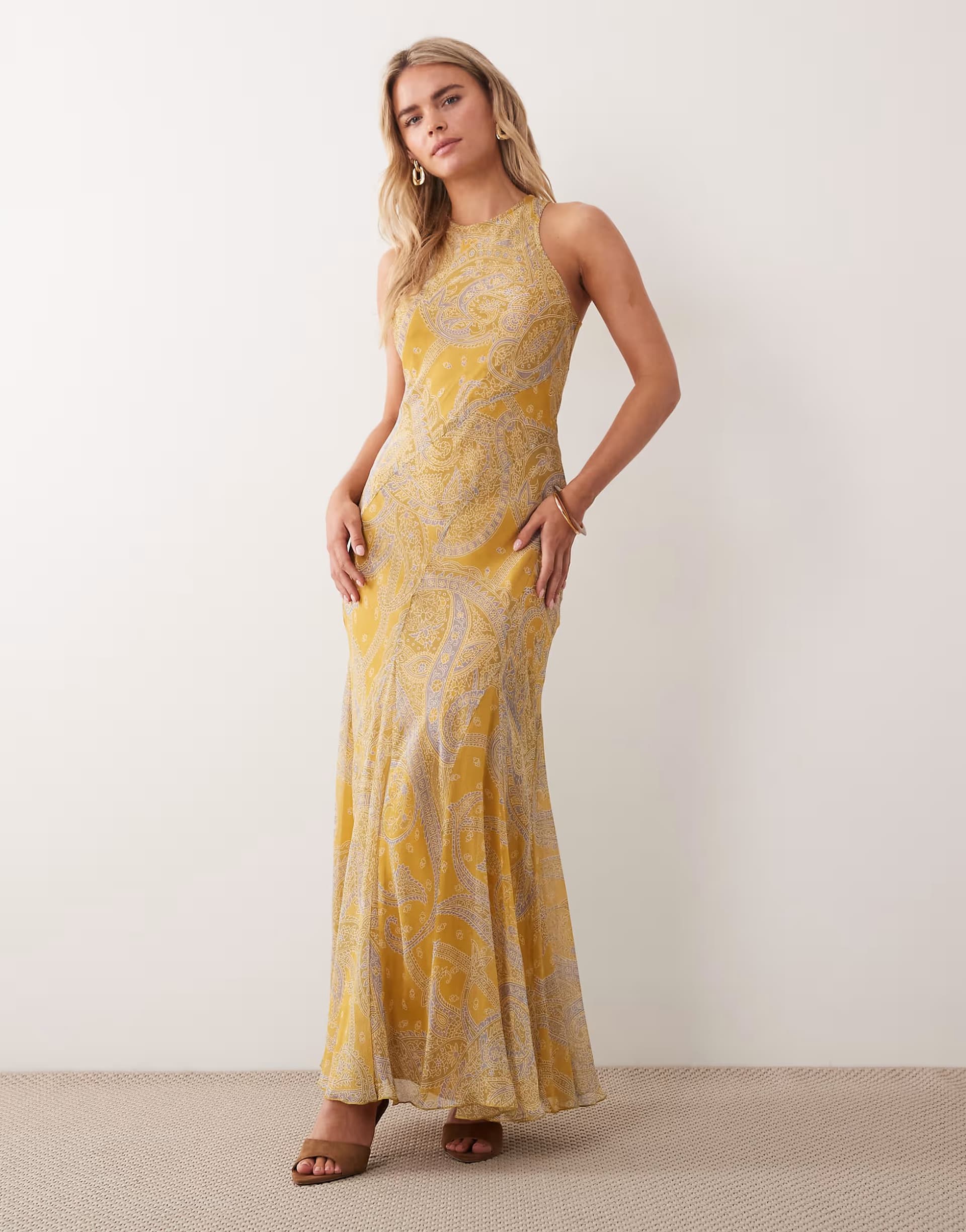 ASOS ASOS DESIGN Petite racer neck bias maxi dress with godet hem in paisley