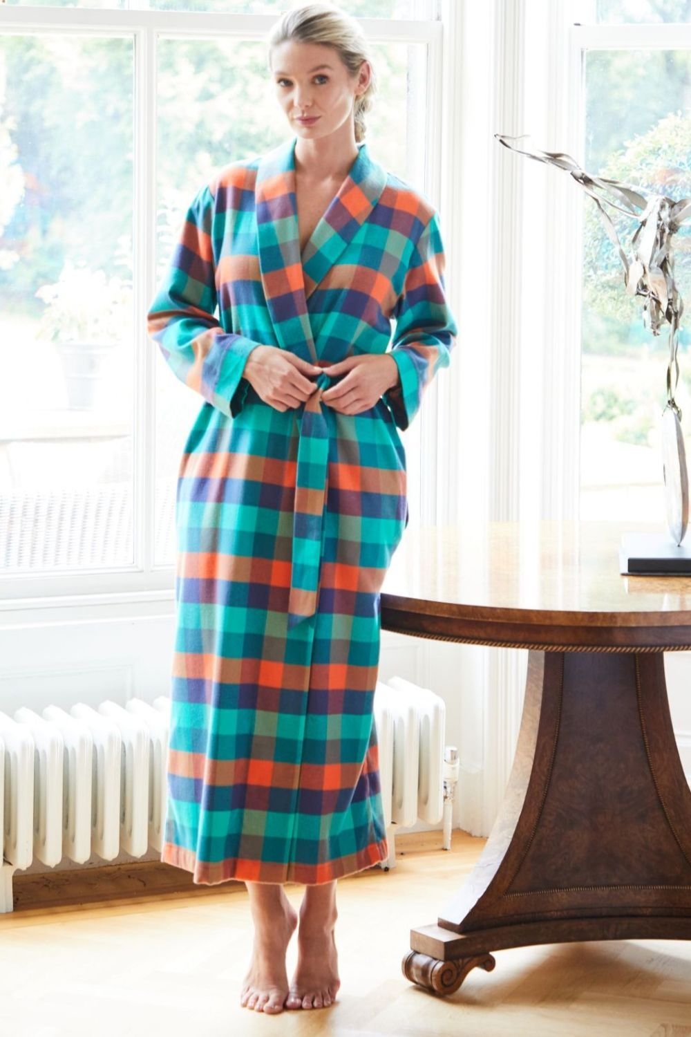 British Boxers British Boxers Women's "Acorn Squash" Check Brushed Cotton Dressing Gown in Teal - 2