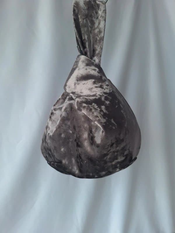Seals of Kent metallic grey crushed velvet Japanese knot bag with black satin lining