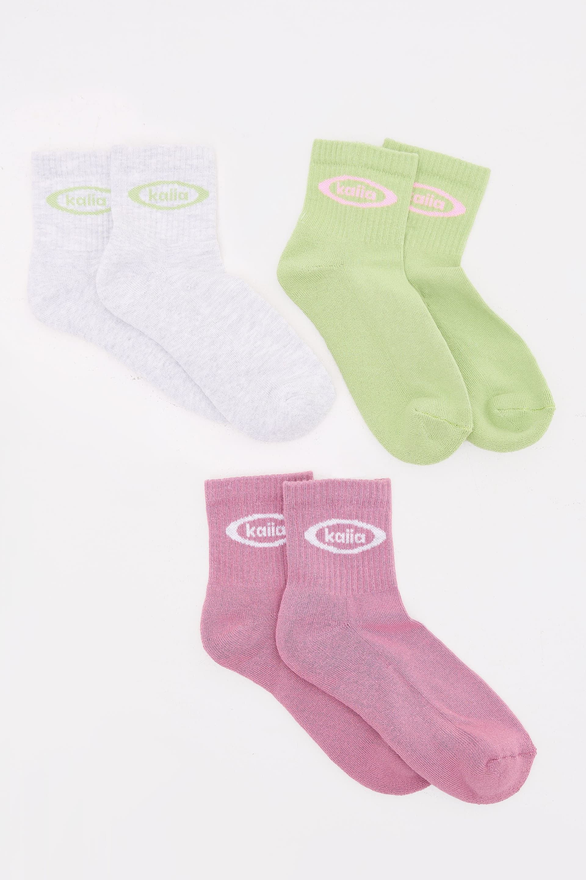 Kaiia Pack of Three Kaiia Logo Socks Pistachio, Light Grey Marl & Pink Meringue