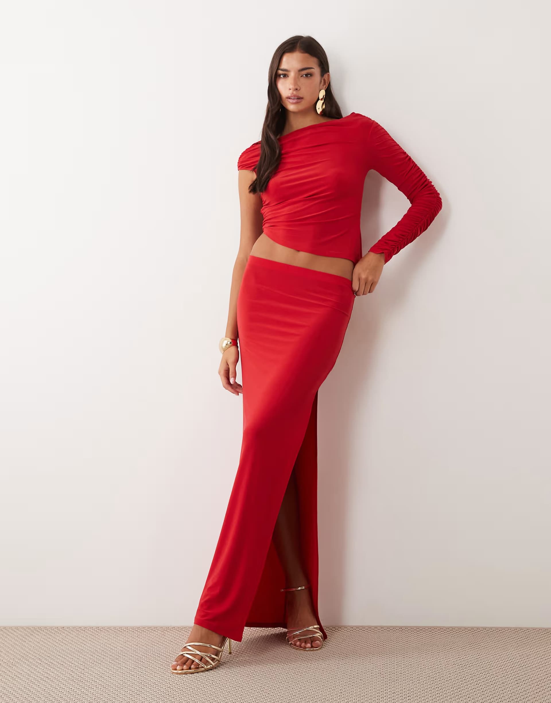 ASOS ASOS DESIGN co-ord slinky draped top & skirt in red