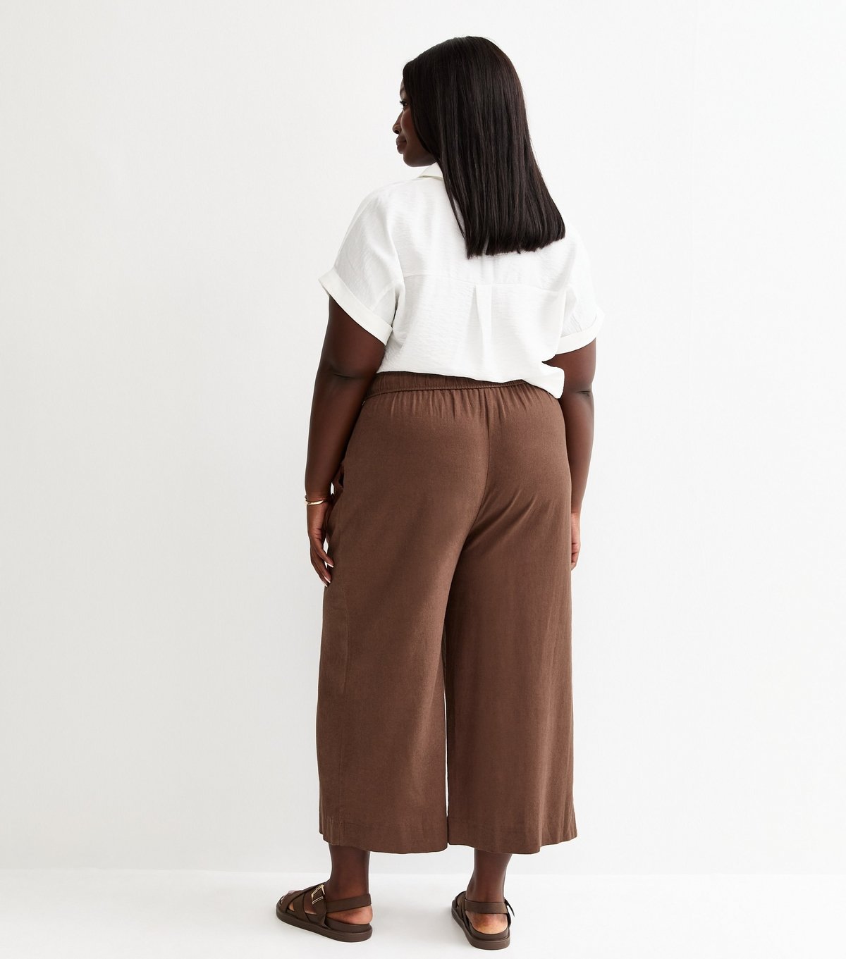 New Look Women's Plus Size Dark Brown Linen Blend Cropped Drawstring Trousers Curves New Look - 4