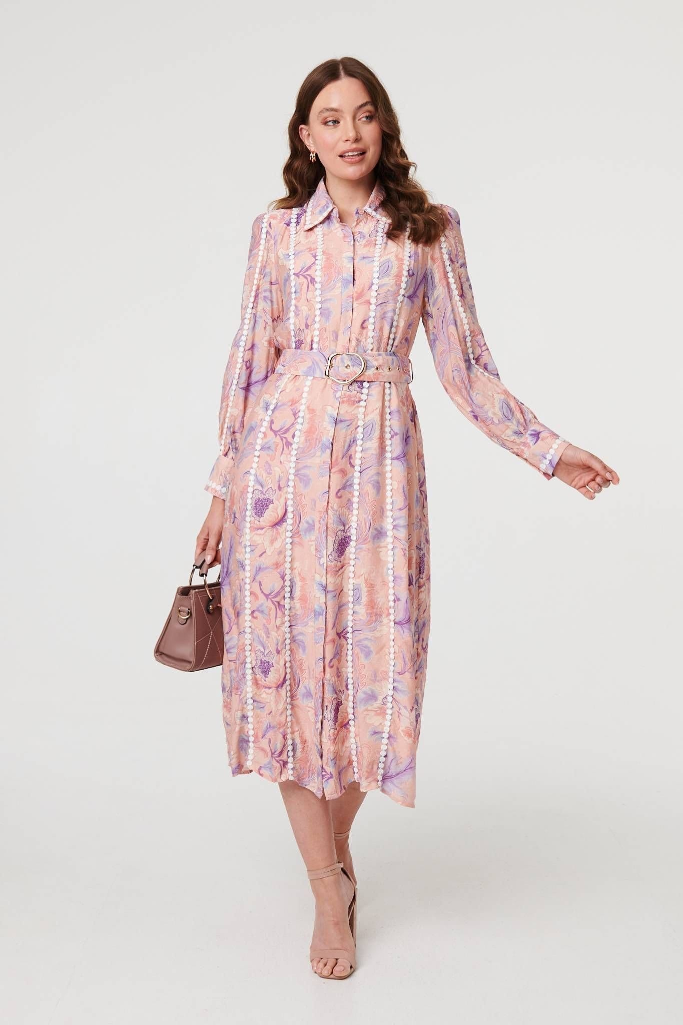 Izabel London Women's Floral Embellished Midi Shirt Dress in Pink