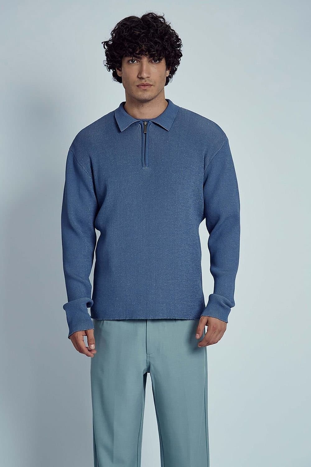 Native Youth Native Youth Men's Ribbed Knit 1/4 Zip Long Sleeve Polo Shirt in Blue