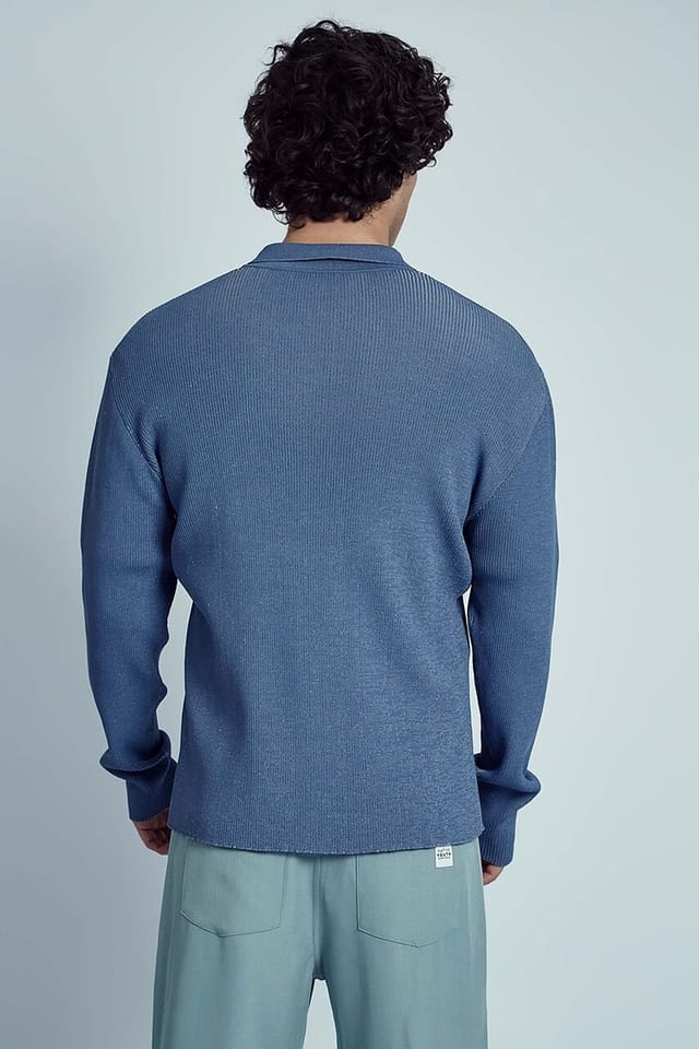 Native Youth Native Youth Men's Ribbed Knit 1/4 Zip Long Sleeve Polo Shirt in Blue - 2