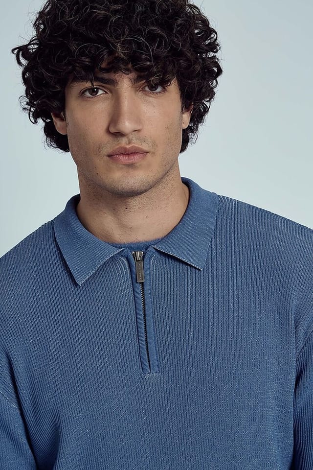 Native Youth Native Youth Men's Ribbed Knit 1/4 Zip Long Sleeve Polo Shirt in Blue - 3