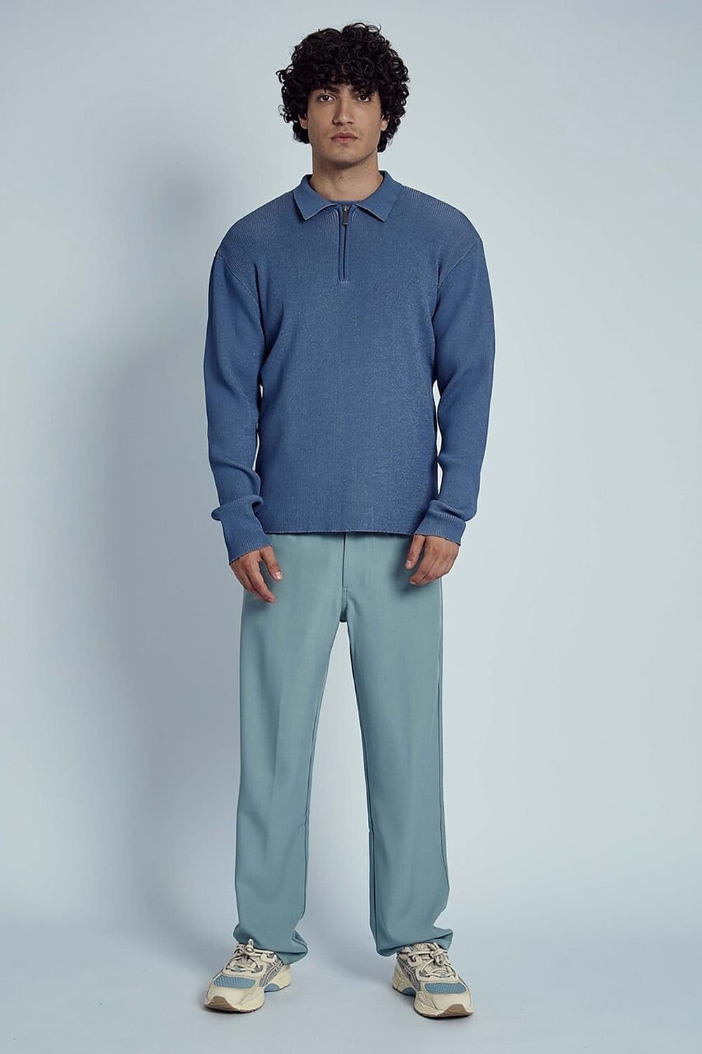 Native Youth Native Youth Men's Ribbed Knit 1/4 Zip Long Sleeve Polo Shirt in Blue - 4