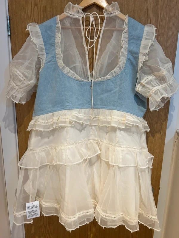 Asos luxe ASOS Luxe Curve Pearl Embellished Organza Mini Dress with denim bust panel in cream - Size 22