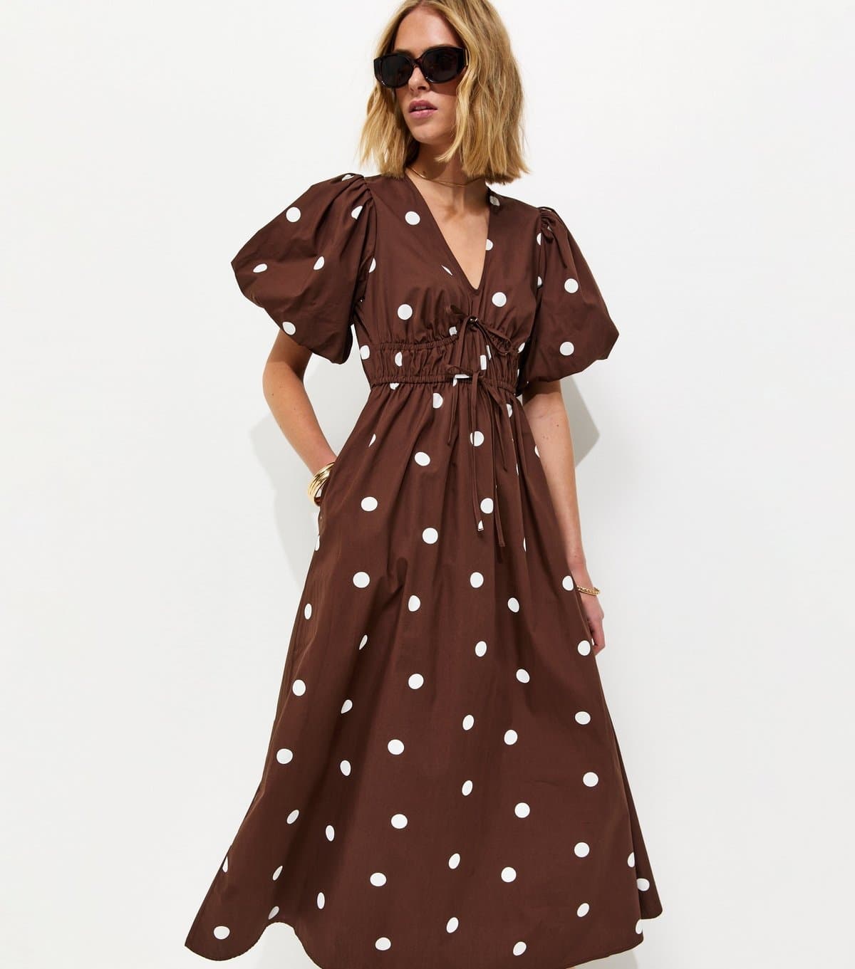 New Look Women's Brown Polka Dot Puff Sleeve Midi Dress New Look