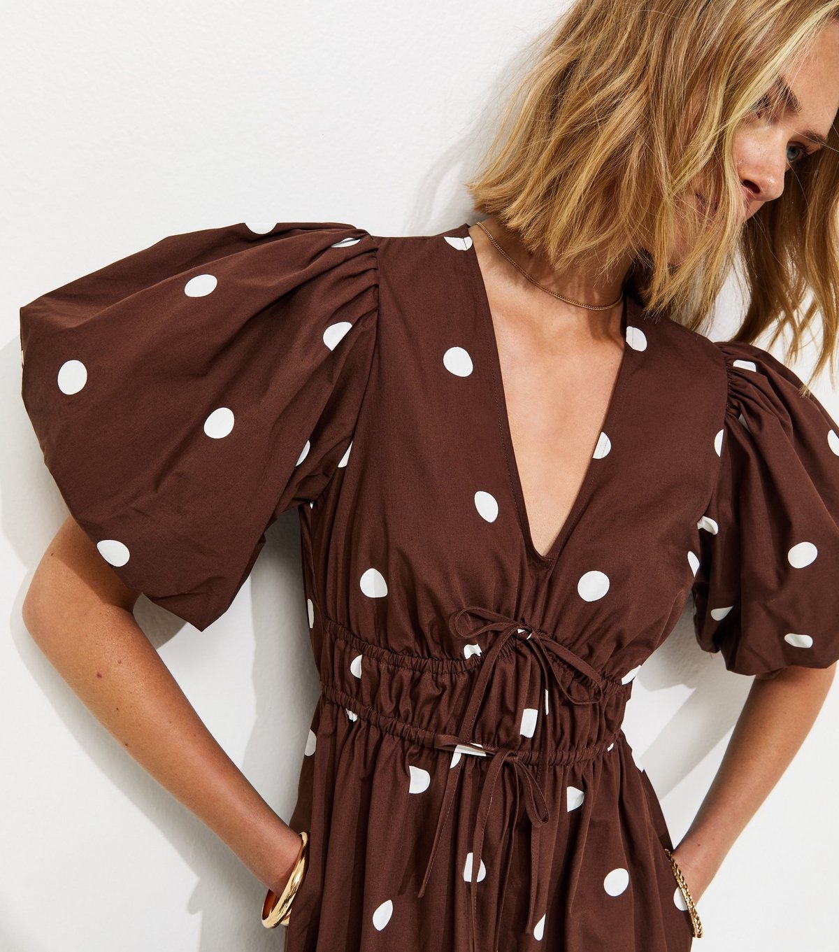 New Look Women's Brown Polka Dot Puff Sleeve Midi Dress New Look - 2