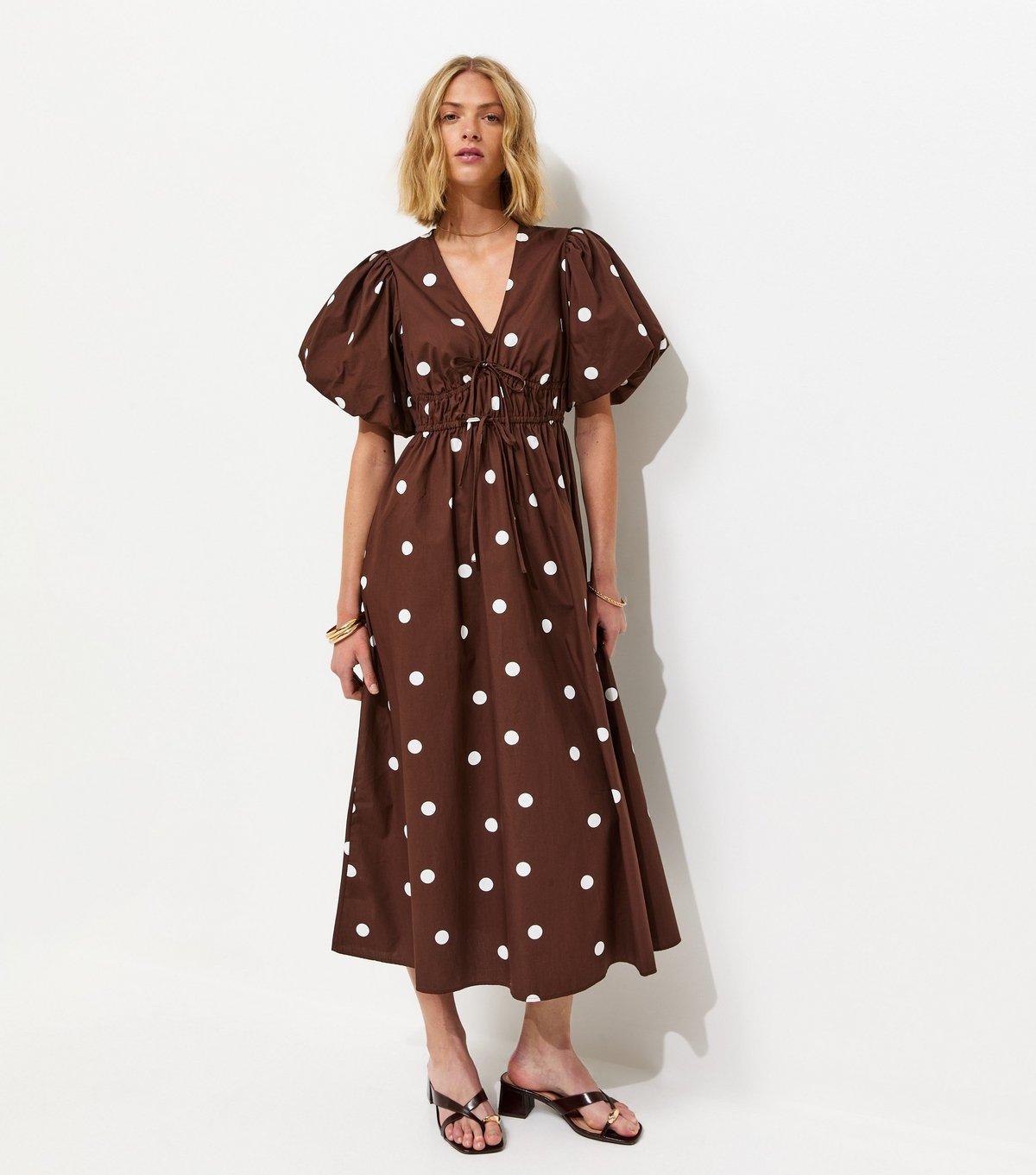New Look Women's Brown Polka Dot Puff Sleeve Midi Dress New Look - 3