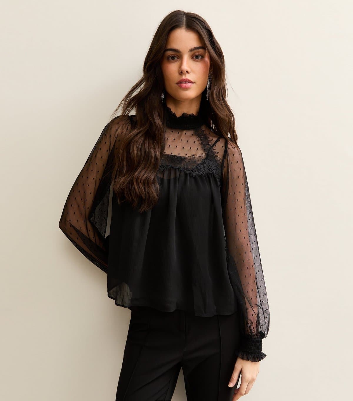 New Look Women's Black Dobby Mesh High Neck Blouse New Look