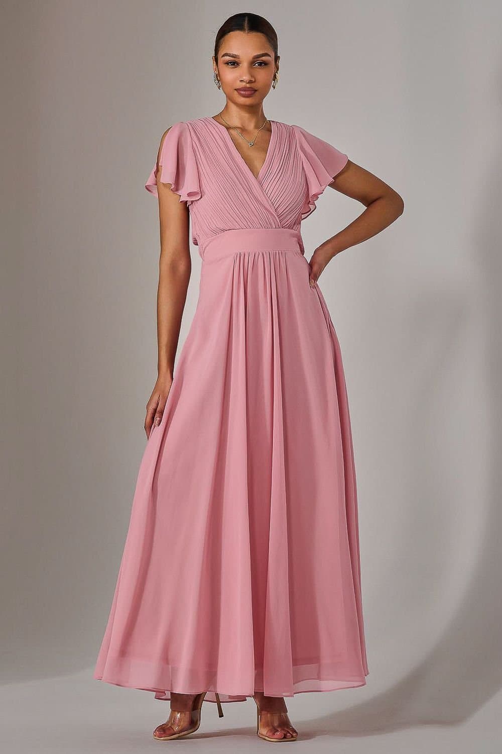 Jolie Moi Jolie Moi Women's Chiffon Pleated Maxi Dress in Dusty Pink