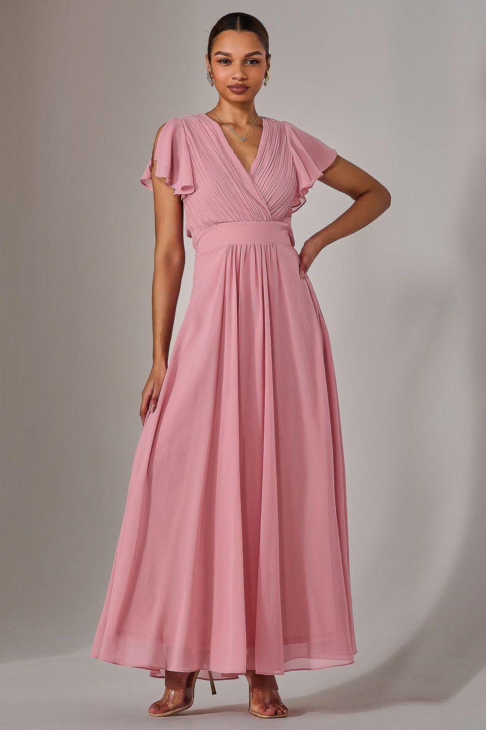 Jolie Moi Jolie Moi Women's Chiffon Pleated Maxi Dress in Dusty Pink - 4