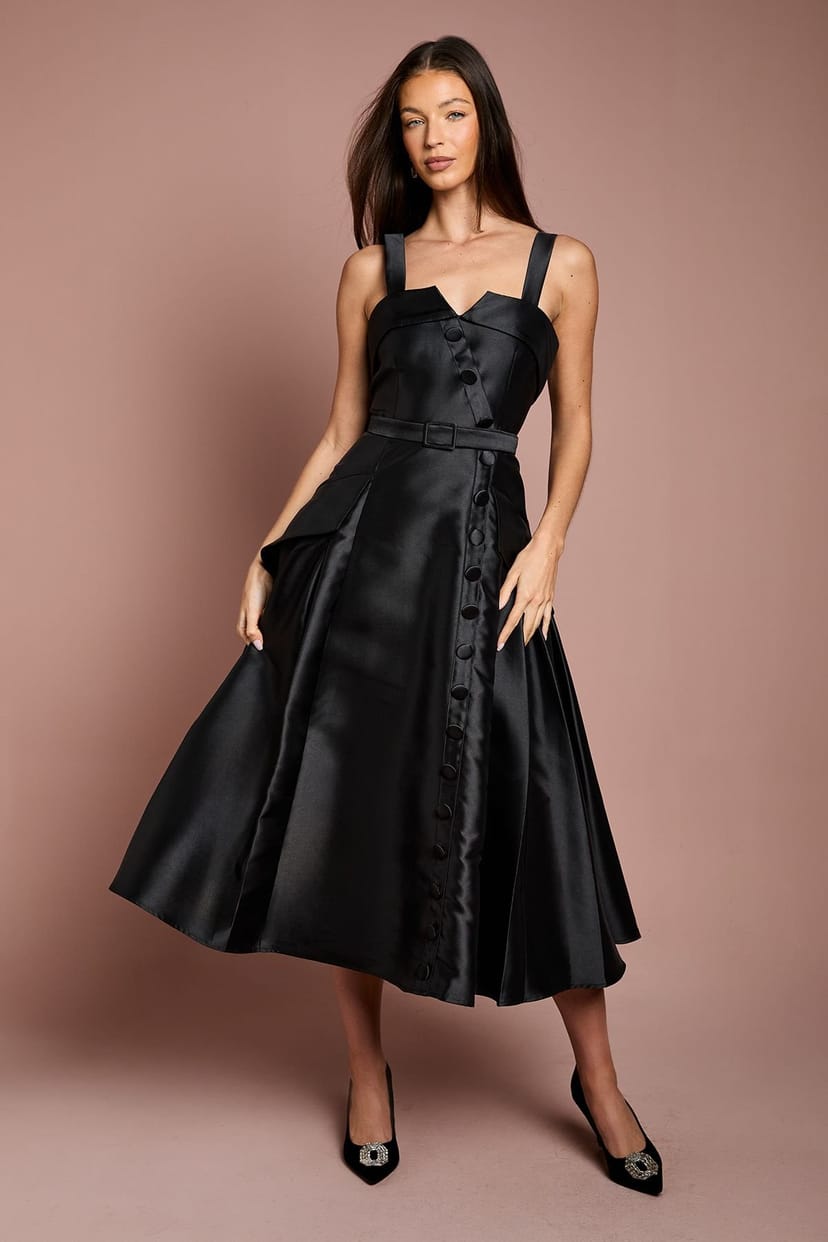 Coast Coast Women's Lisa Tan Twill Volume Belted Midi Dress in Black - 1