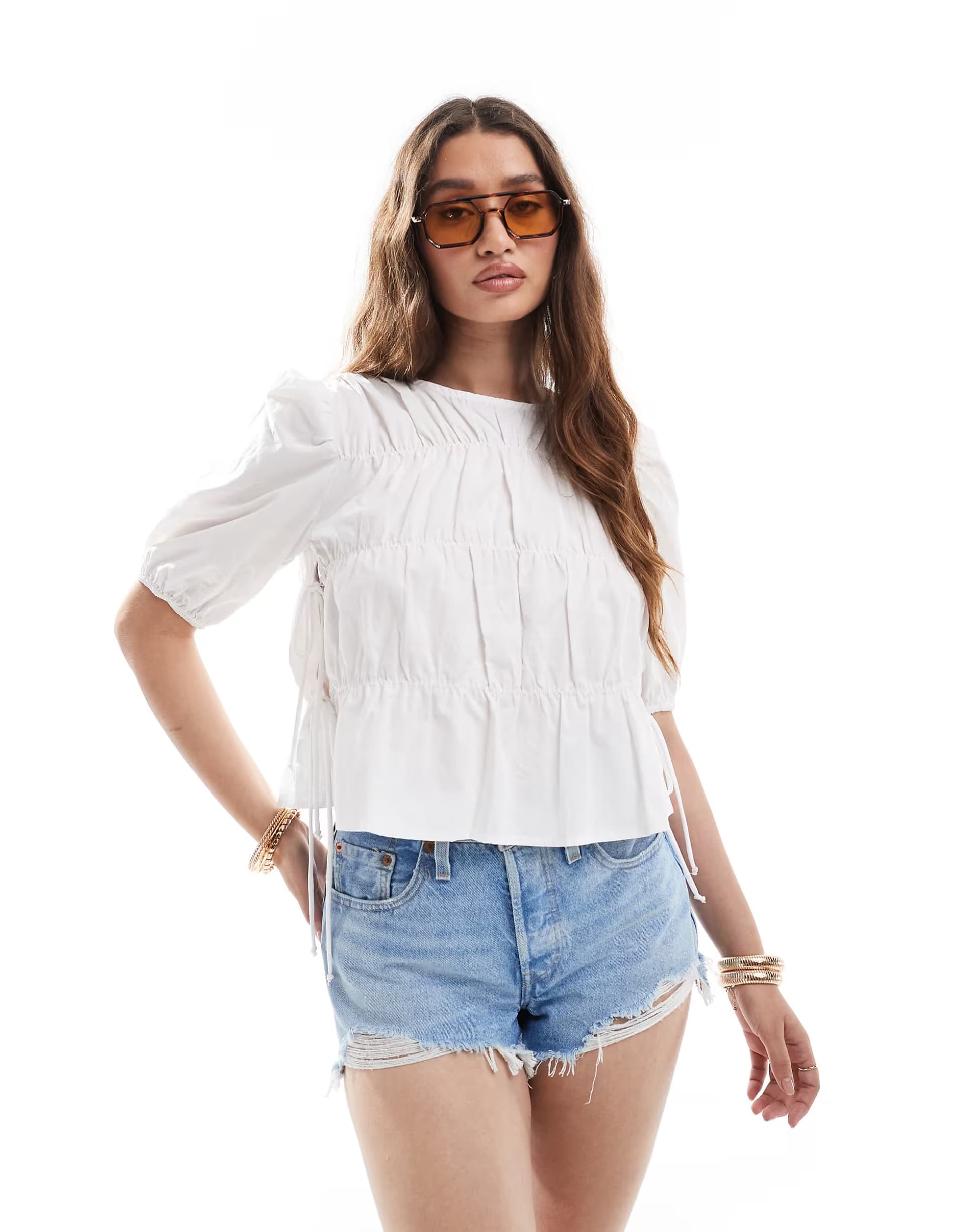 ASOS Pieces tie side ruched top in white