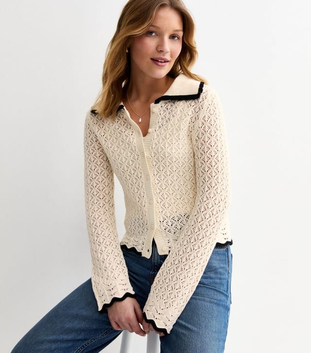 New Look Women's Cream Cotton Rich Crochet-Look Knit Scalloped Collar Cardigan New Look - 3