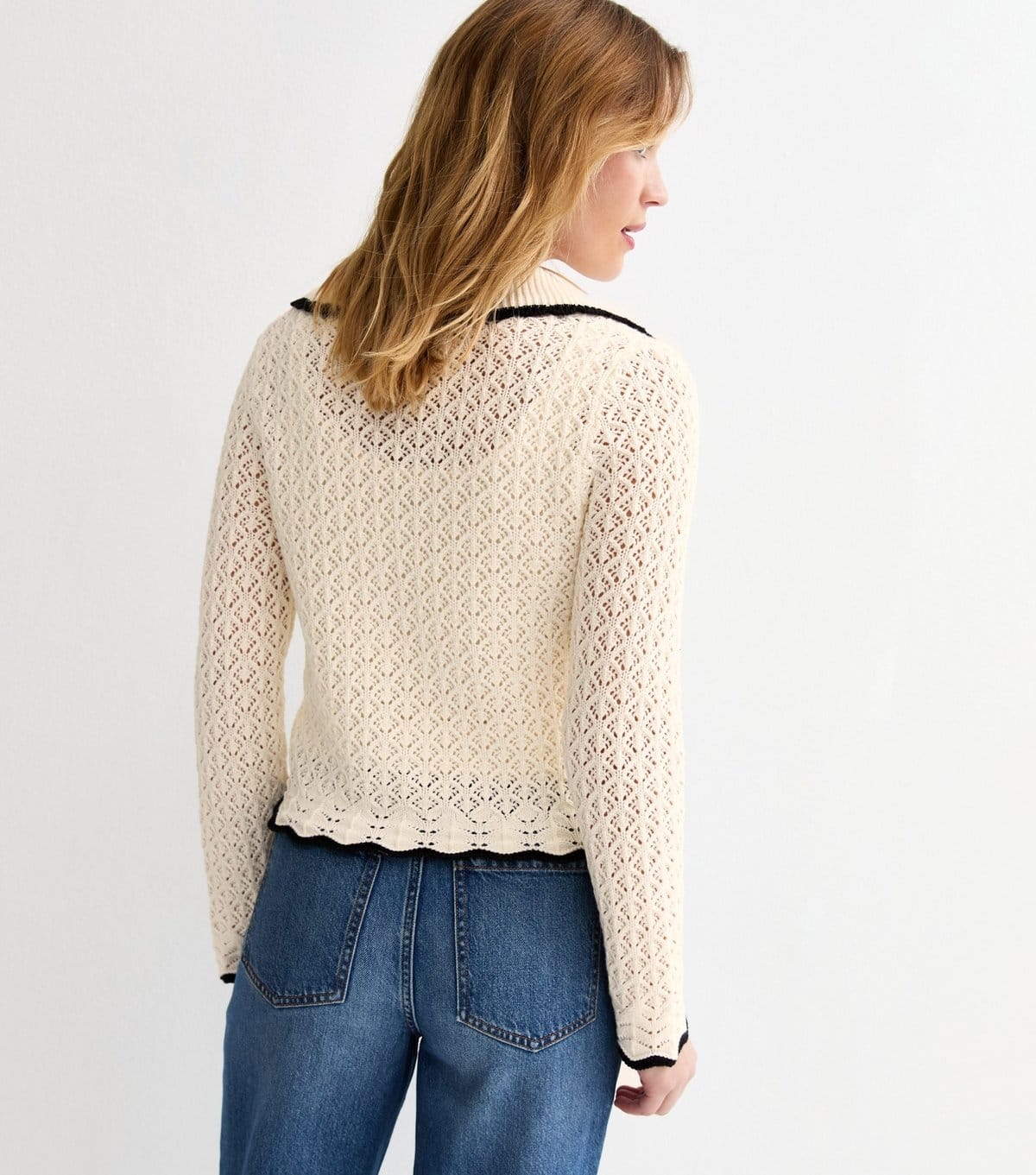 New Look Women's Cream Cotton Rich Crochet-Look Knit Scalloped Collar Cardigan New Look - 4