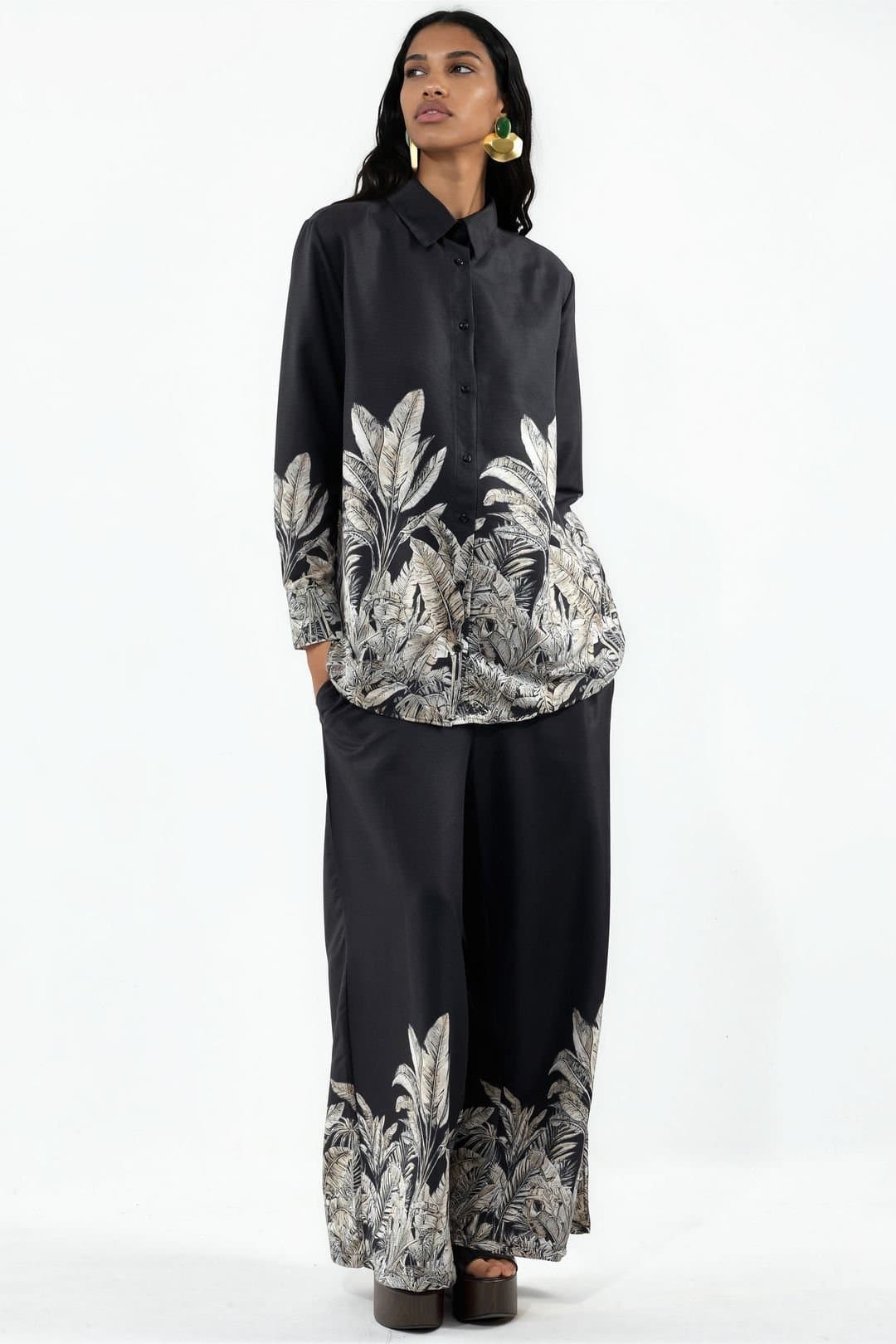 MSN Collection MSN Collection Women's Floral Satin Shirt & Wide-Leg Skirt Set
